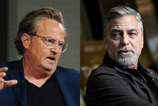 (L) Matthew Perry wears glasses and a navy blue blazer while talking, (R) George Clooney has silver hair, looks off to side.