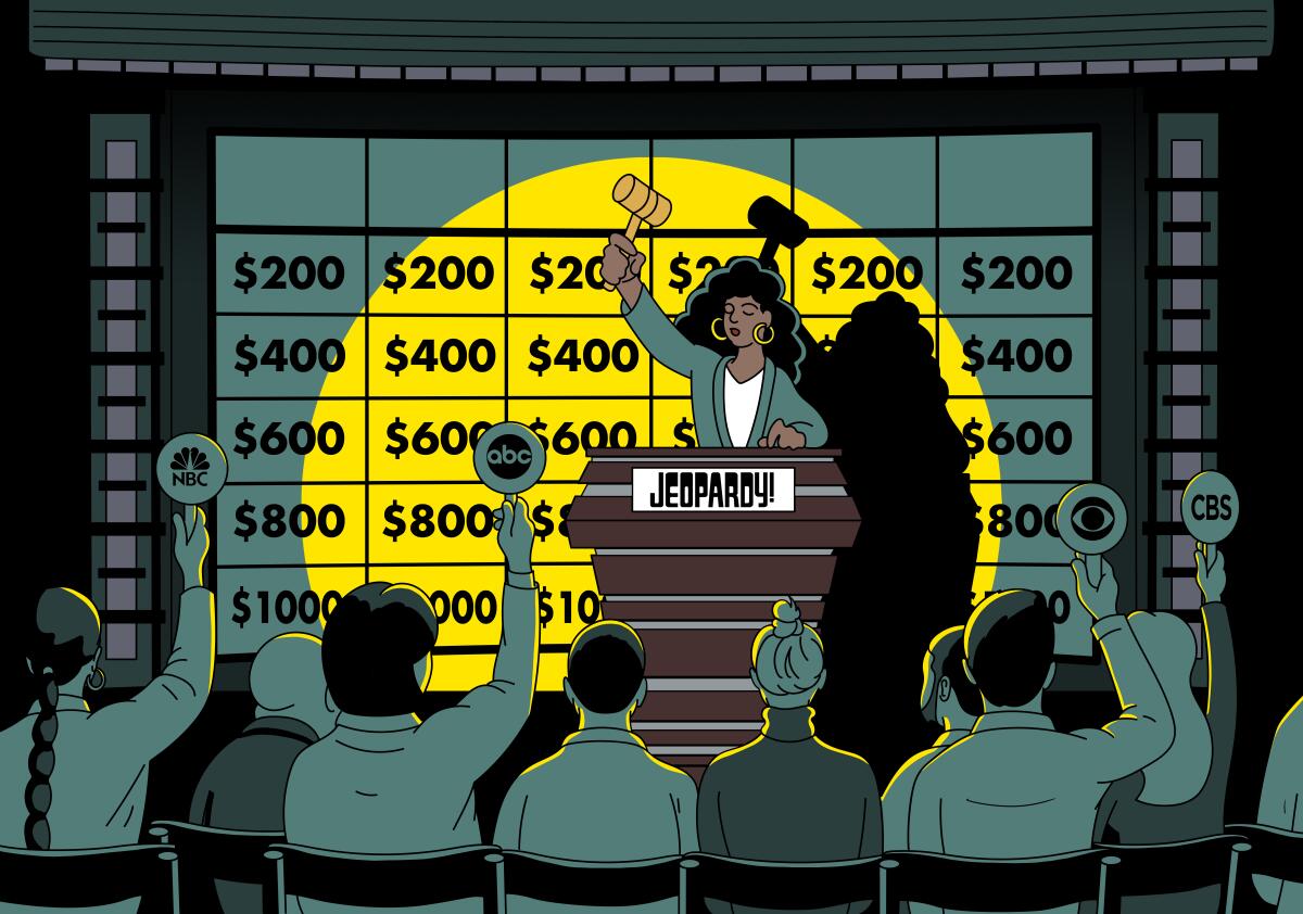 An illustration of an auctioneer in front of  a "Jeopardy" game board taking bids.