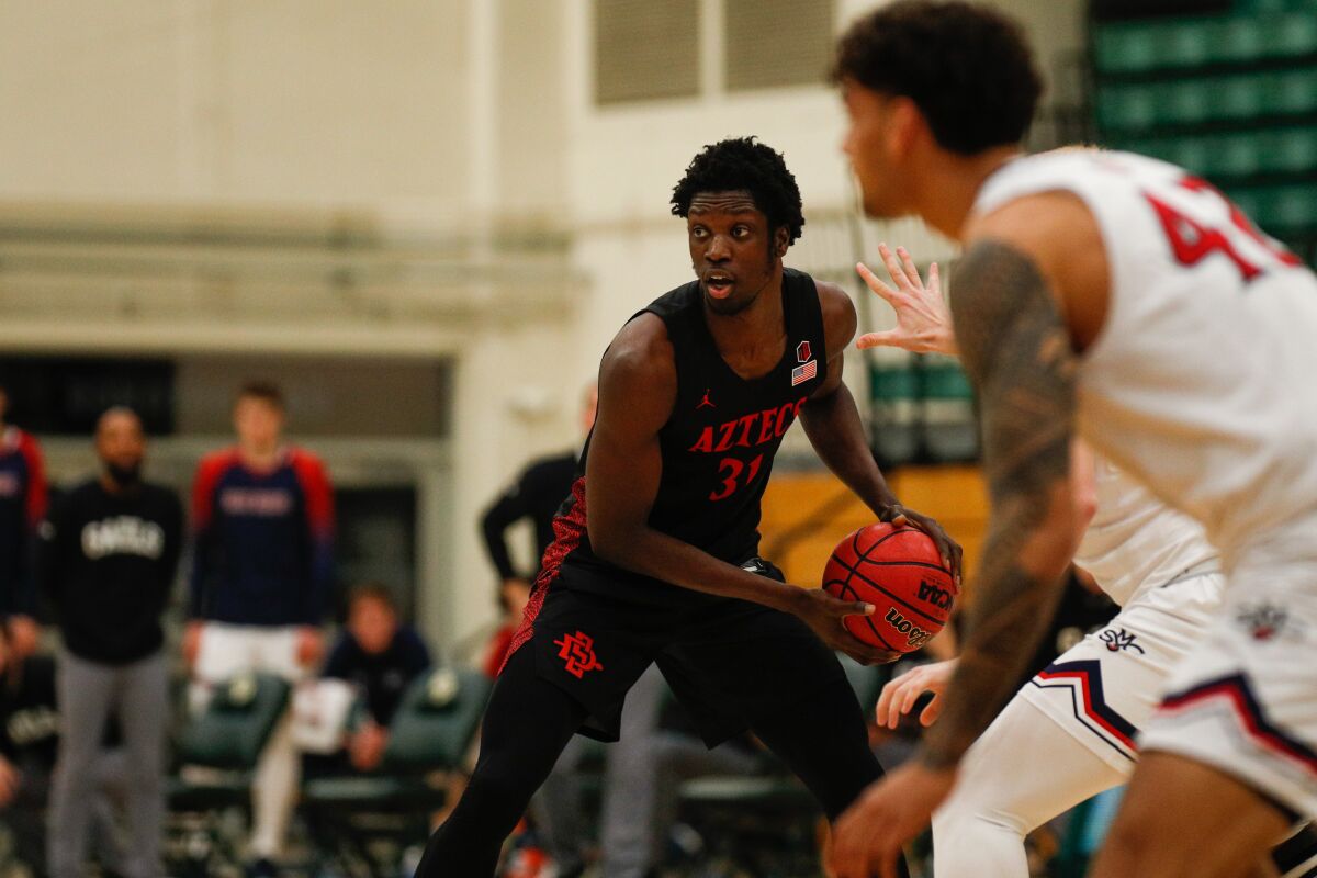 SDSU forward Nathan Mensah, shown here in the 2020 game, has had big games against Saint Mary's.