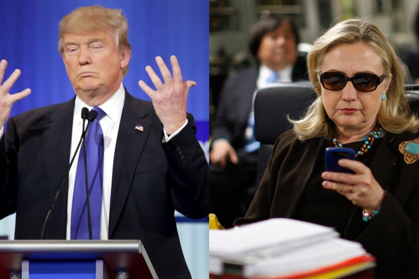 Donald Trump displaying his hands and Hillary Clinton checking email — popular material for memes.