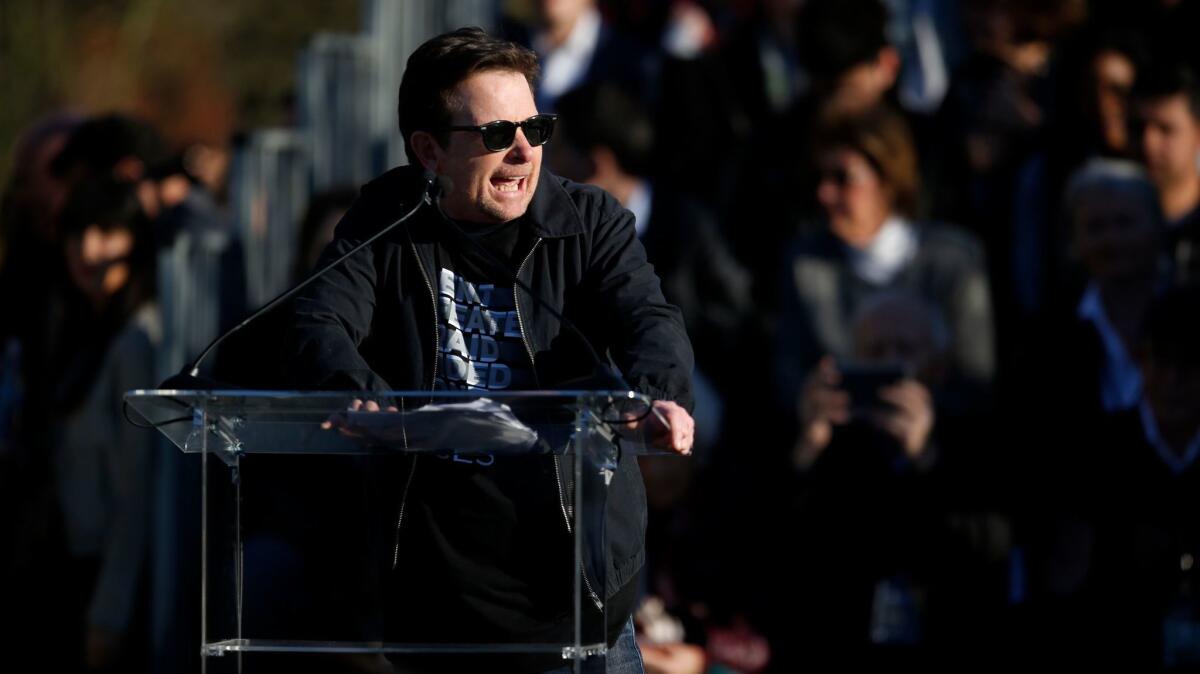 Michael J. Fox speaks at UTA's United Voices rally.
