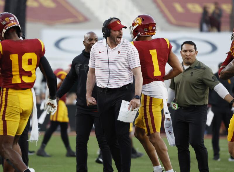 USC defensive coordinator Alex Grinch yells at the defense a Washington touchdown on third-and-18.