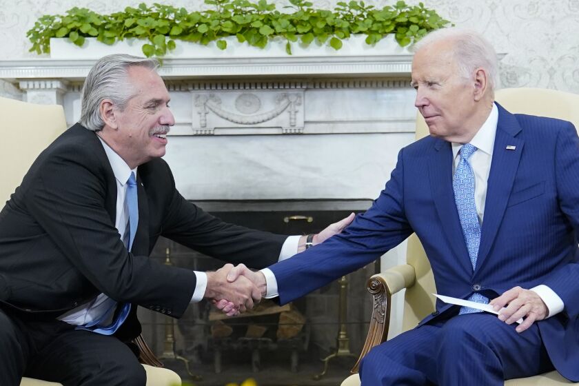 President Joe Biden meets with Argentina's President Alberto Fernandez in the Oval Office of the White House in Washington, Wednesday, March 29, 2023. (AP Photo/Susan Walsh)