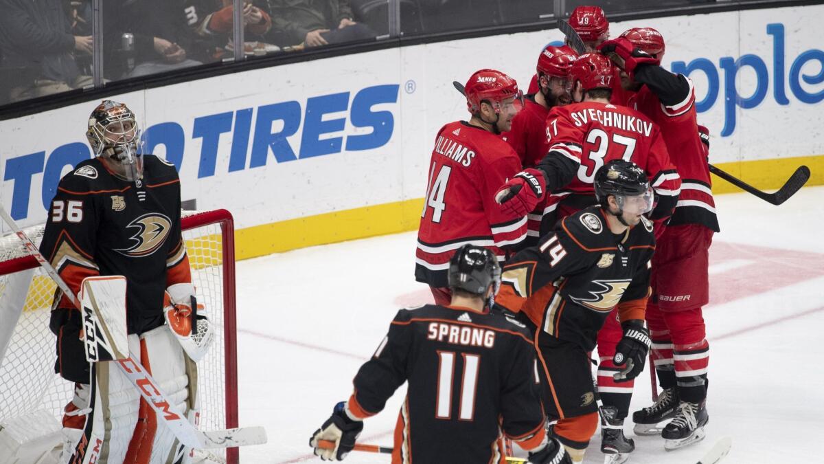 Carolina Hurricanes celebrate a goal by right wing Justin Williams during the third period the Ducks.