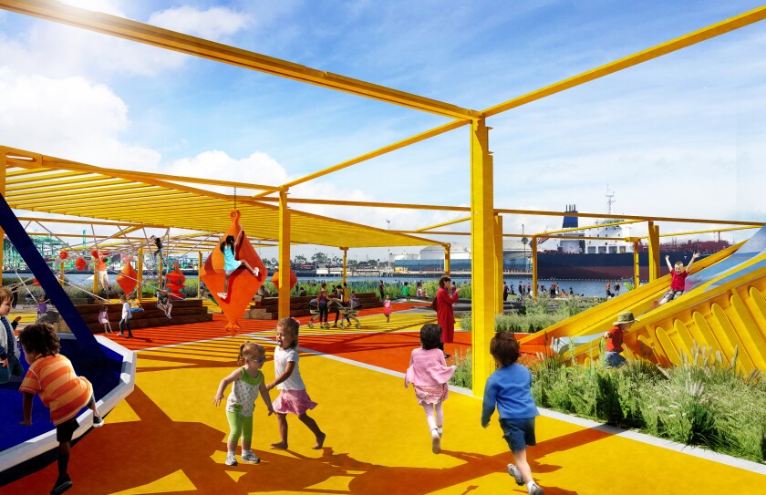 A rendering shows children playing on a playground with the harbor in the background