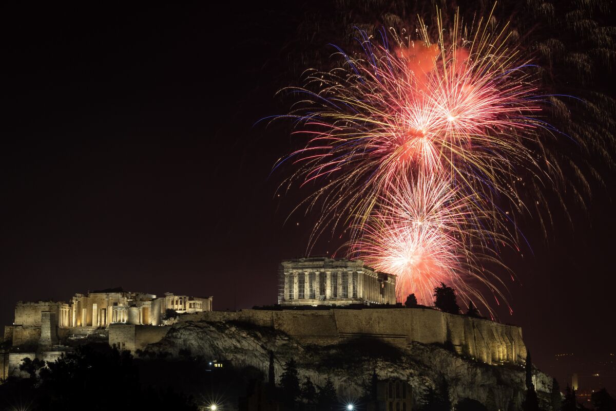 Fireworks explode over the Parthenon 