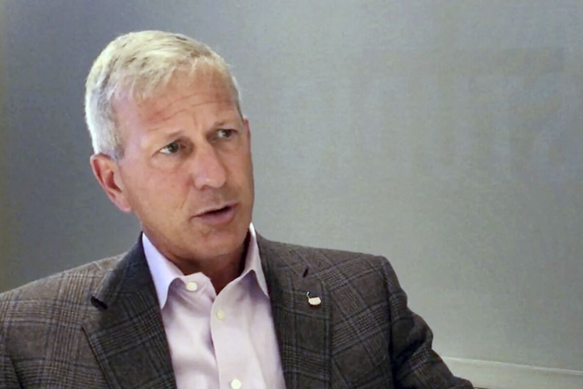 In this image from video, Union Pacific CEO Lance Fritz speaks during an interview at the company's headquarters in Omaha, Neb., on Thursday, Sept. 9, 2021. During his time as Union Pacific’s CEO, Fritz has had to find ways to keep the freight moving during the coronavirus pandemic as the economy nearly ground to a halt and then roared back to life. Now he is working to help clear up a major backlog in imported shipments. (AP Photo)
