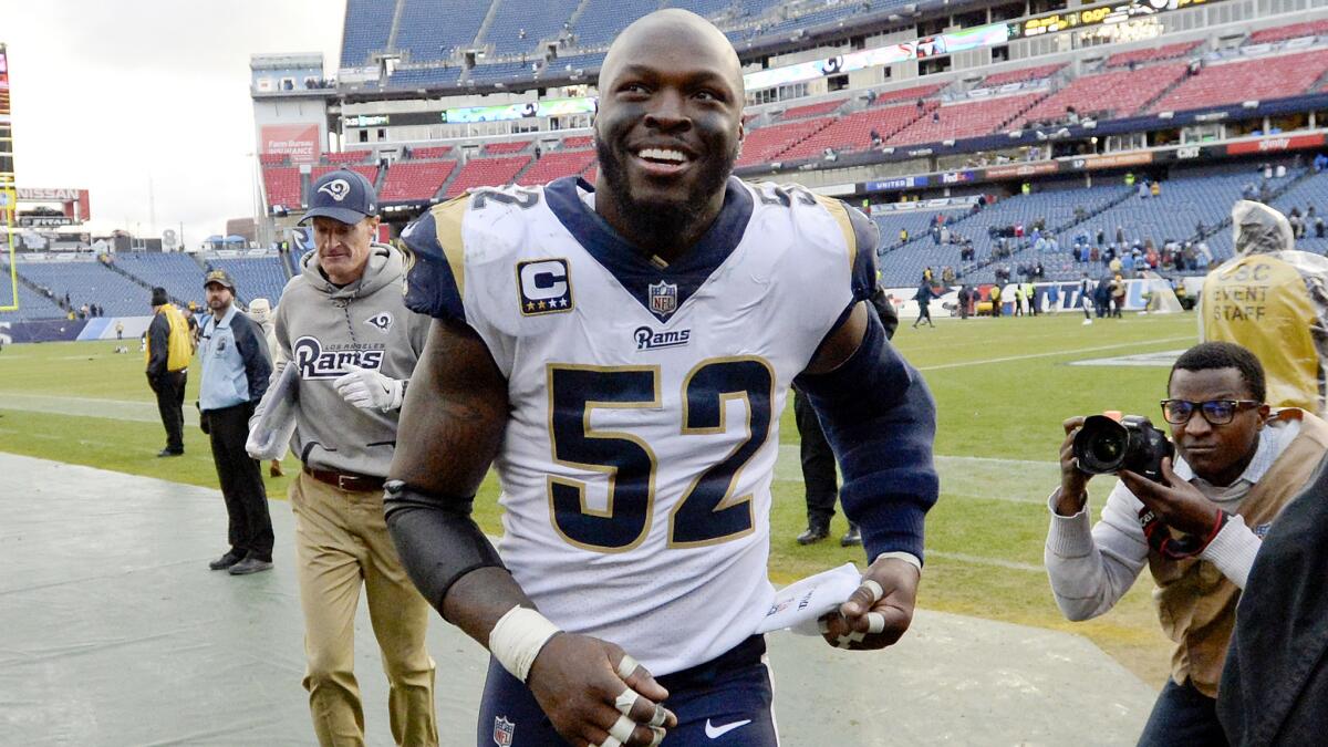 Linebacker Alec Ogletree leaves the field after the Rams defeated the Tennessee Titans 27-23 on Sunday in Nashville.