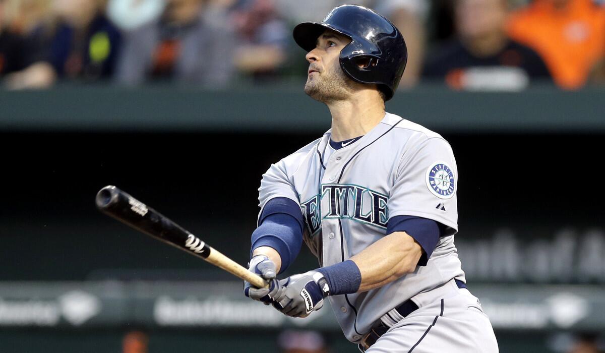 Former Seattle Mariners Justin Ruggiano watches his two-run home run during a game against the Baltimore Orioles on May 20.