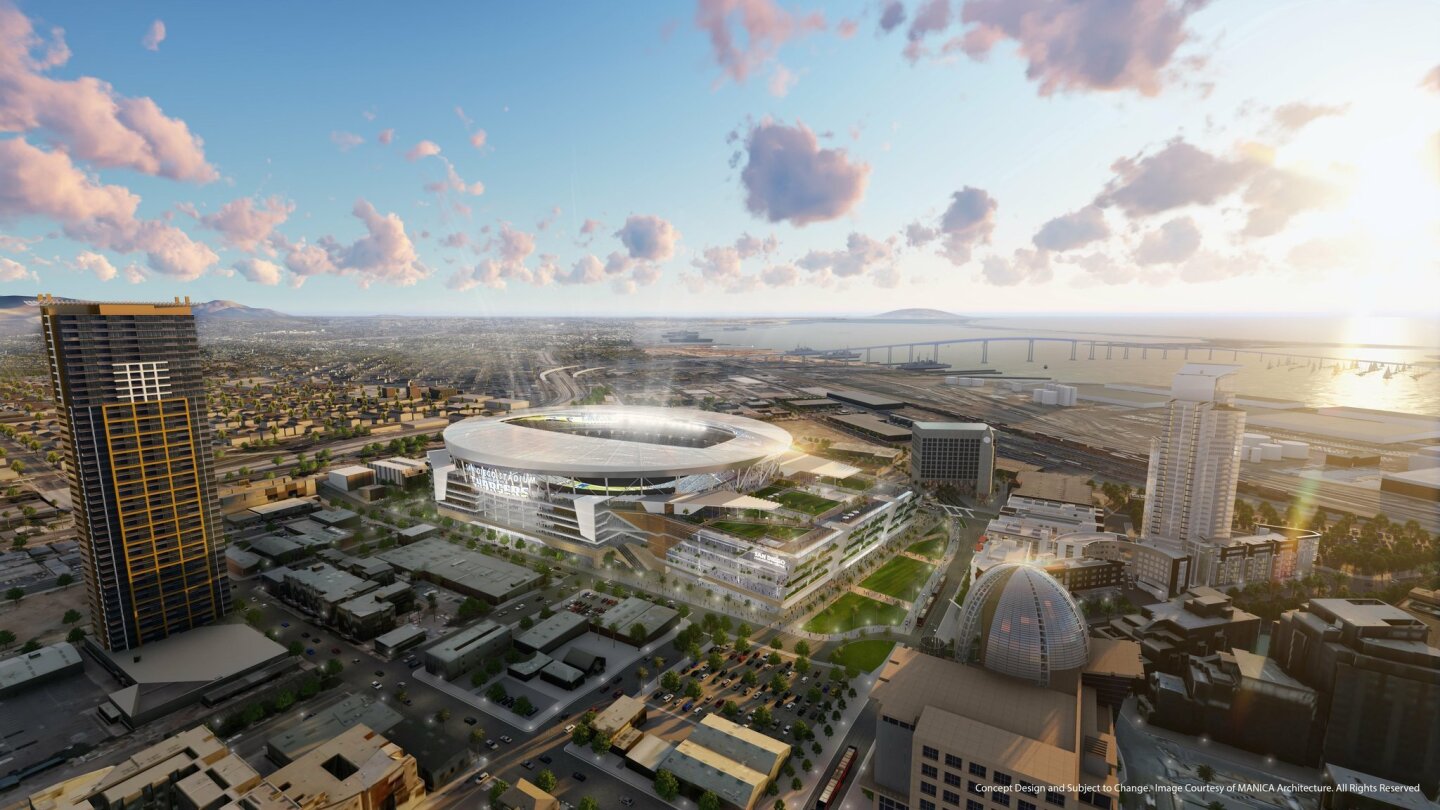 The proposed Chargers Stadium and convention center annex would be located in downtown's East Village between 12th Avenue and 16th Street. MANICA Architecture