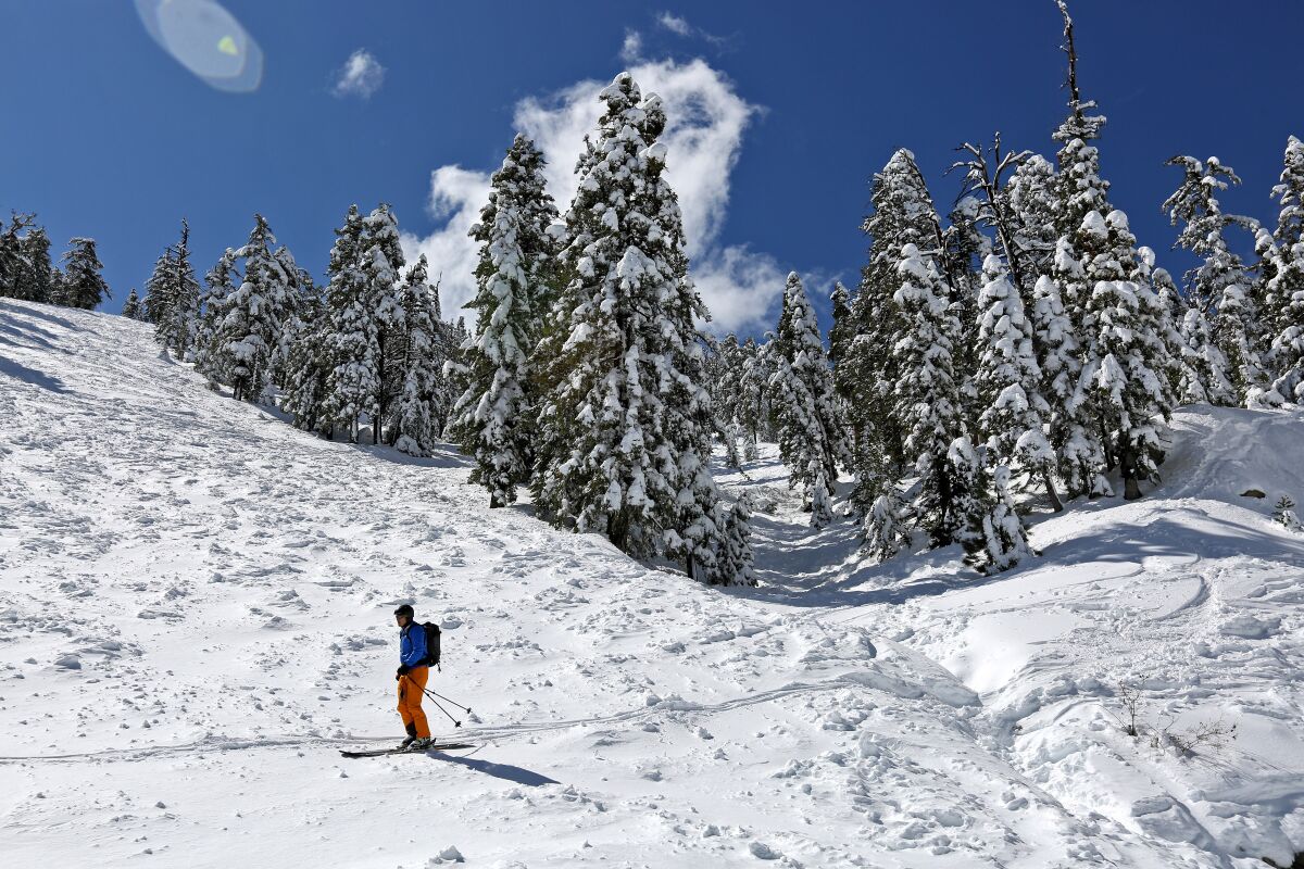 A skier on the snowy slopes of Mt. Waterman