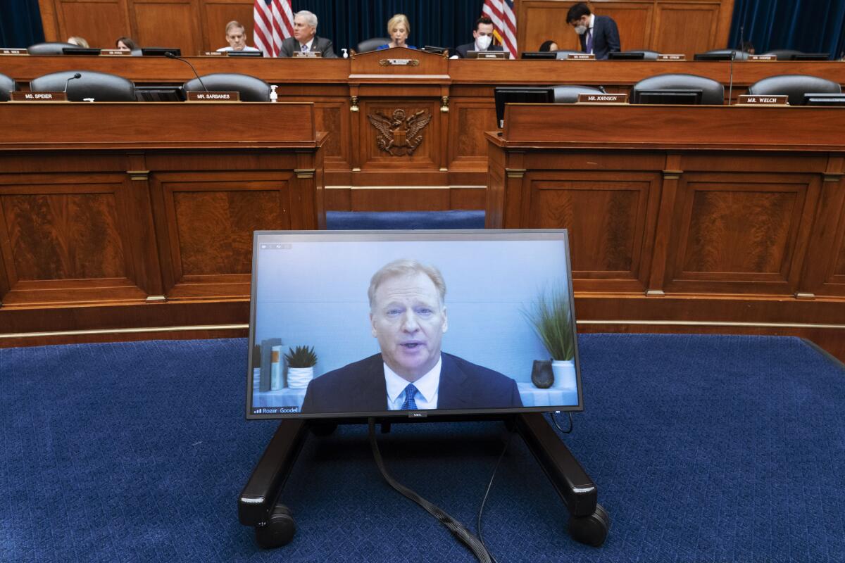 NFL Commissioner Roger Goodell testifies virtually during a House Oversight Committee hearing concerning the Commanders.