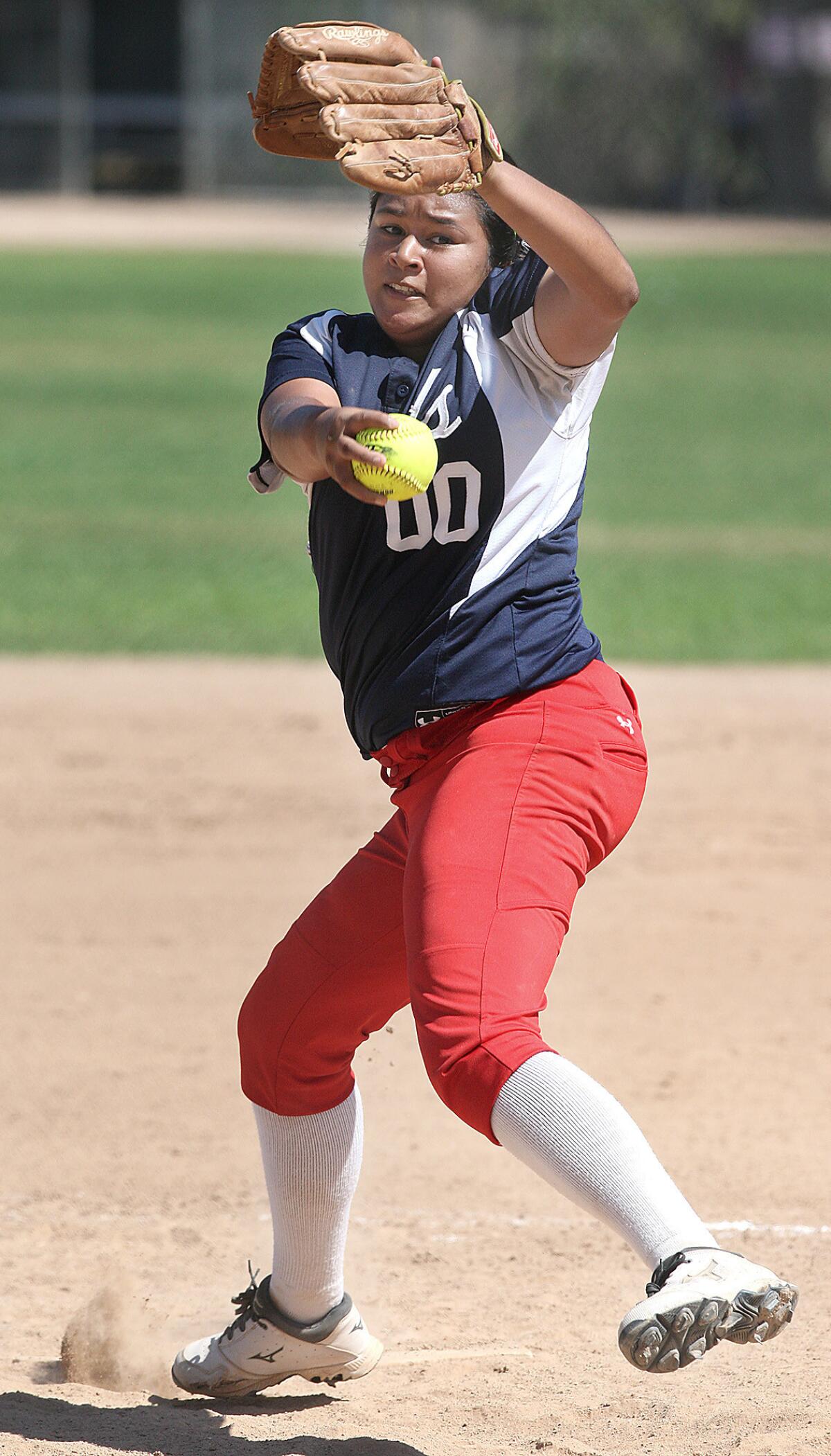 Bell-Jeff Pitcher Mia Acosta winds up a pitch during a CIF vSS Division VI semifinal game against Cantwell on Tuesday, May 27, 2014. Bell Jeff lost 5-3.