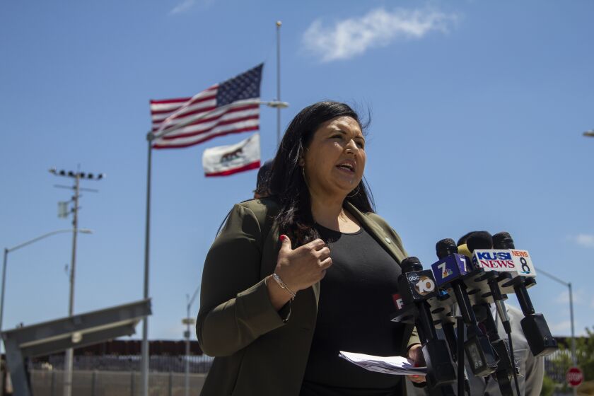 San Diego, CA - June 24: District 1 Supervisor Nora Vargas speaks at press conference held at the San Ysidro Port of Entry on Thursday, June 24, 2021 in San Diego, CA. (Brittany Cruz-Fejeran / The San Diego Union-Tribune)