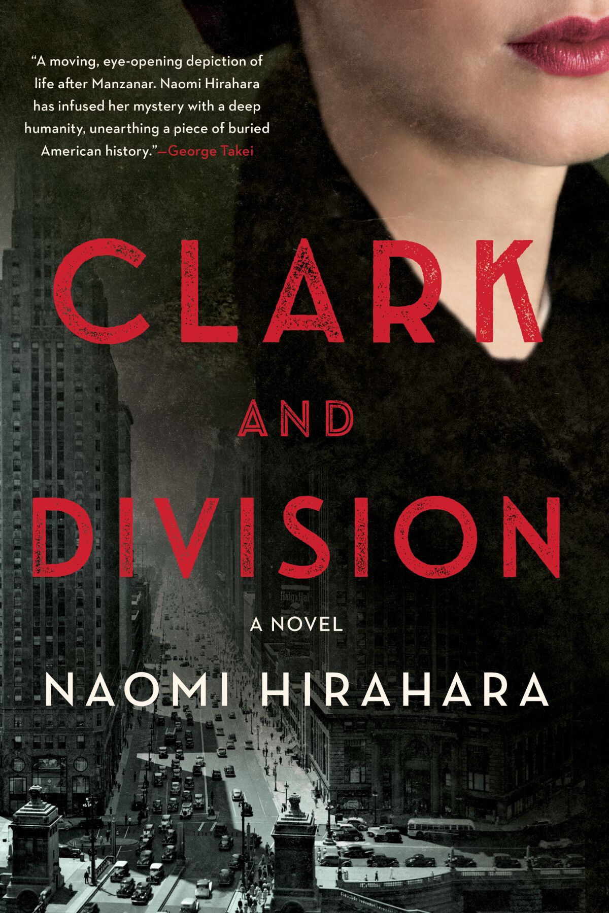 A book cover is a photo mashup of someone's face above a cityscape, with words "Clark and Division" in red in the forefront. 