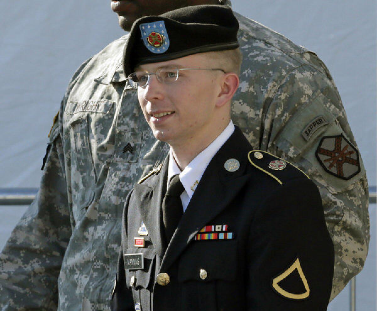 Pfc. Bradley Manning, a 25-year-old former intelligence analyst in Iraq, has been accused of providing WikiLeaks with more than 250,000 U.S. diplomatic cables and thousands of military field reports from Iraq and Afghanistan. Above: Manning is seen after a pretrial hearing on June 25, 2012.