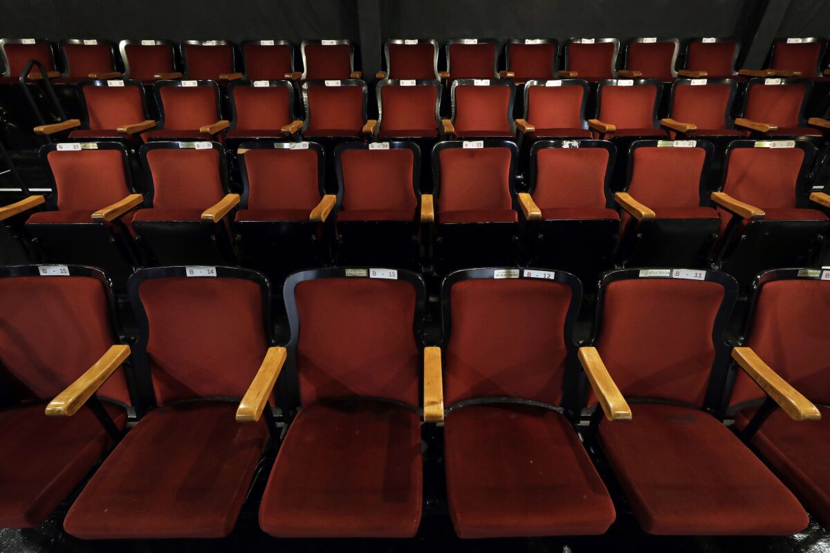 Rows of empty read theater seats at the Fountain Theatre