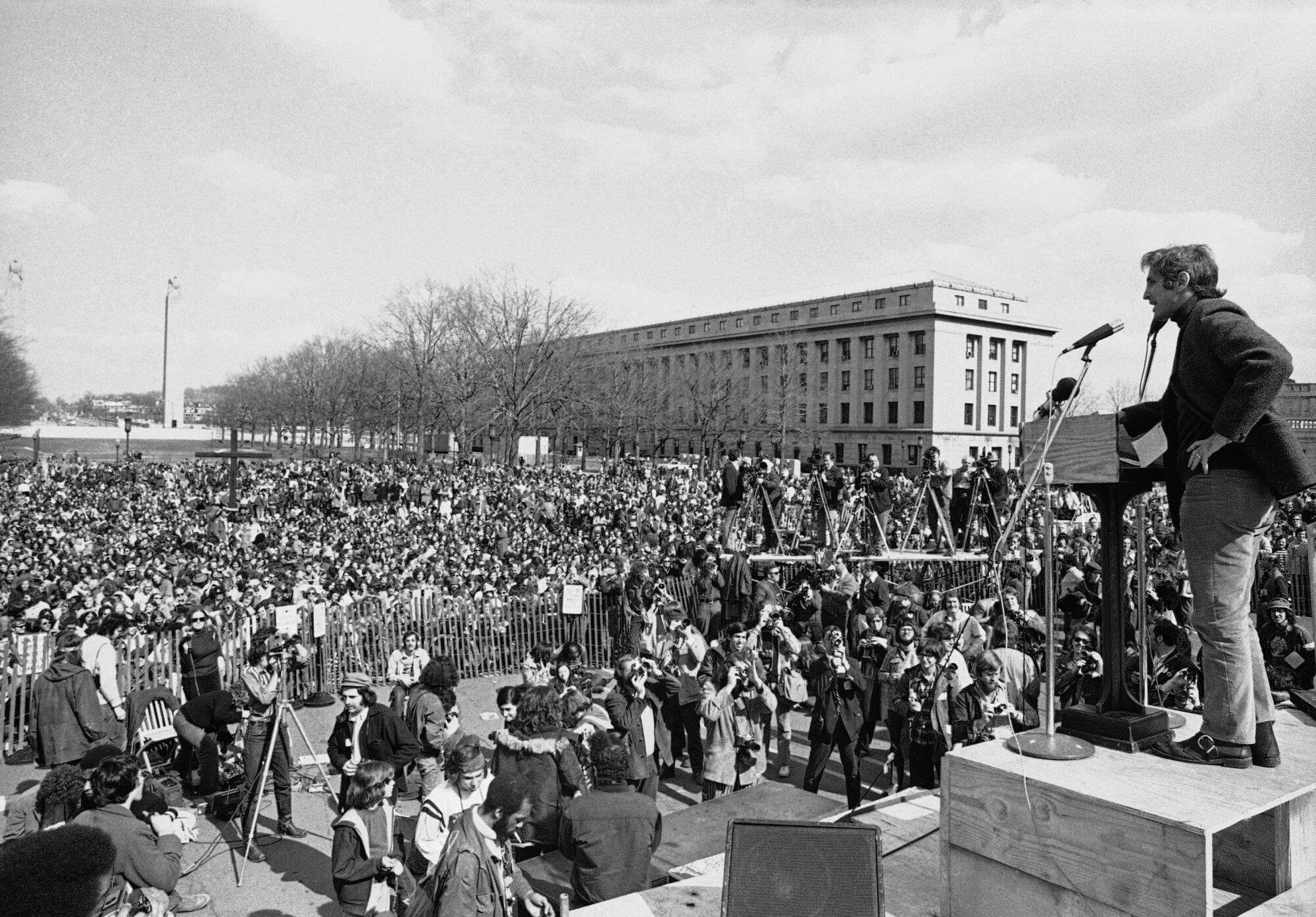 April 1972 photo of Daniel Ellsberg addressing a crowd at the State Capitol in Harrisburg, Pa. 