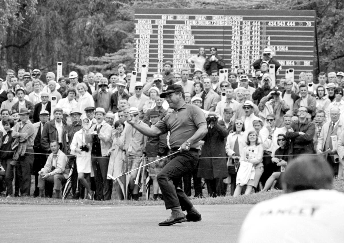 Lee Trevino reacts as his putt on the 11th hole drops for a birdie in final round of the 1968 U.S. Open.