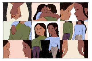 sequential illustration of two woman being friends and hugging