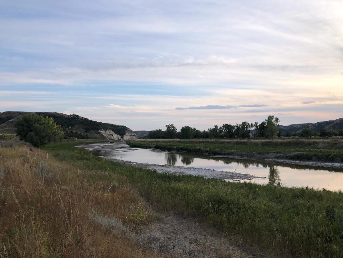 A view of a grassy landscape along a river, with mountains in the distance and blue skies 