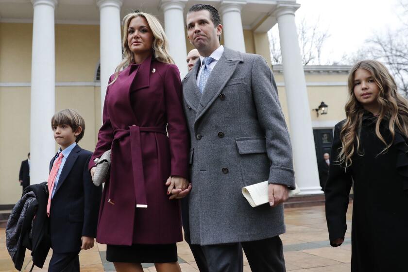 FILE - In this Jan. 20, 2017 file photo, Donald Trump Jr., wife Vanessa Trump, and their children Donald Trump III, left, and Kai Trump, right, walk out together after attending church service at St. John's Episcopal Church across from the White House in Washington. A public court record filed Thursday, March 15, 2018 in New York says Vanessa Trump is seeking an uncontested divorce from the president's son. Details of the divorce complaint haven't been made public. (AP Photo/Pablo Martinez Monsivais, File)