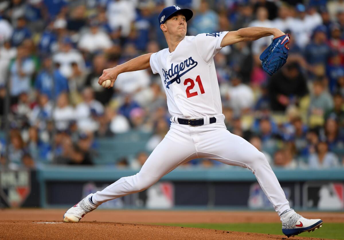 Dodgers right-hander Walker Buehler pitches during the National League Division Series against the Nationals on Oct. 9, 2019.