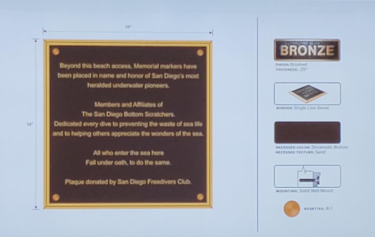 A mock-up shows what a plaque honoring the Bottom Scratchers might look like, pending La Jolla and San Diego approval.