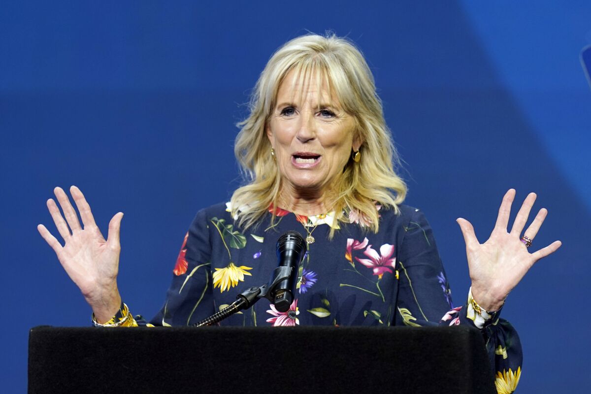 Jill Biden delivers remarks before the start of the finals of the 2021 Scripps National Spelling Bee 