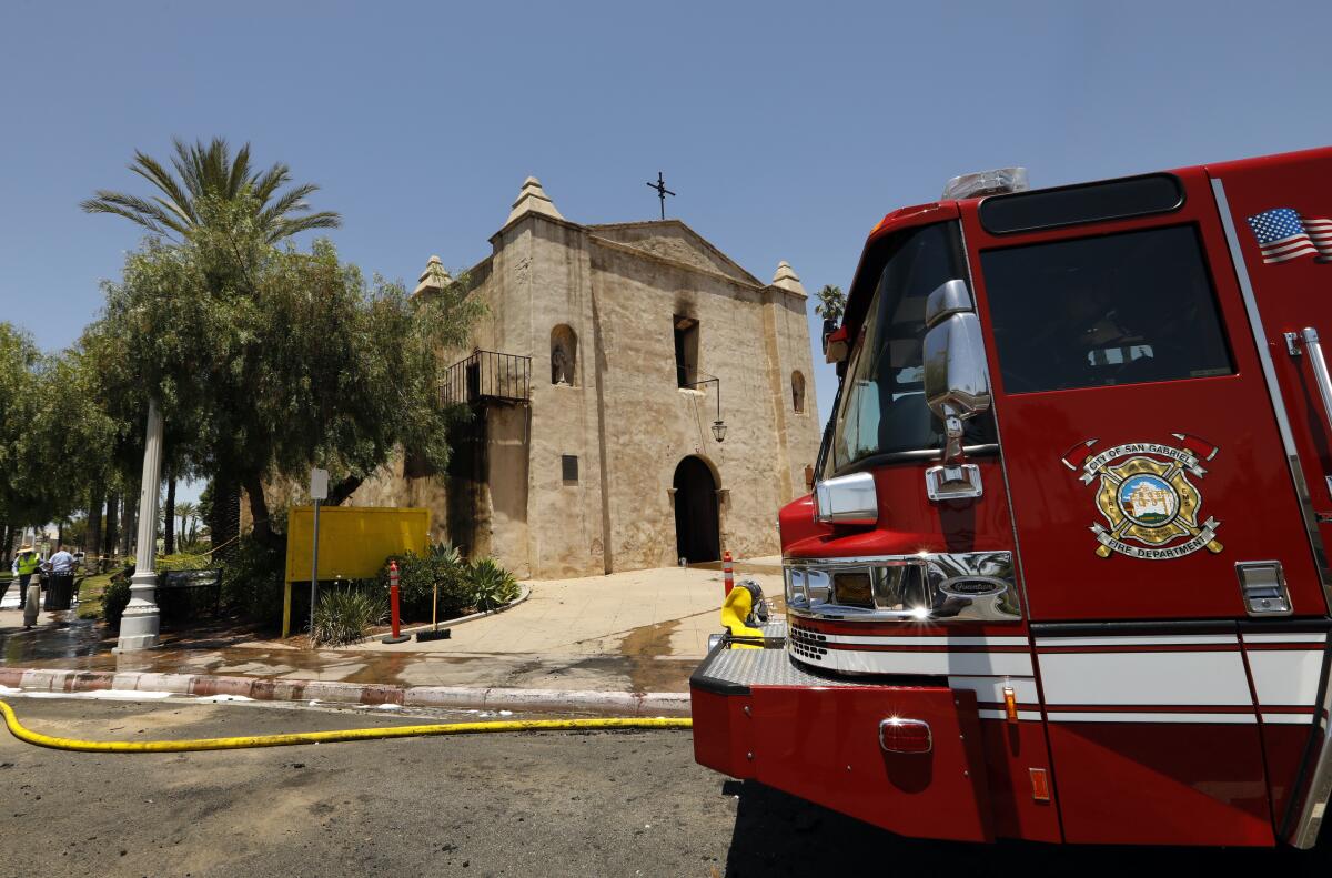 A firetruck outside the San Gabriel Mission after the blaze.