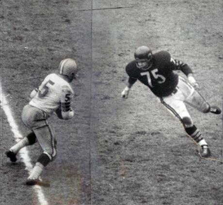 Chicago Bears defensive tackle Fred Williams goes after Green Bay Packers quarterback Paul Hornung during a game at Wrigley Field on Dec. 4, 1960. The Packers beat the Bears 41-13 before 46,406 at the Friendly Confines.