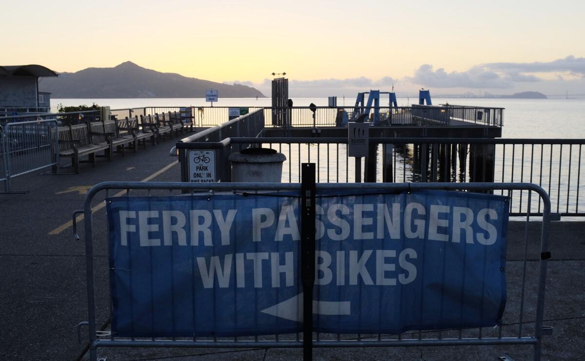 Ten Oakland-bound passengers were injured Sunday when a ferry hit a wood piling at a San Francisco pier. Above, a file photo of a ferry landing in Sausalito that connects to San Francisco.