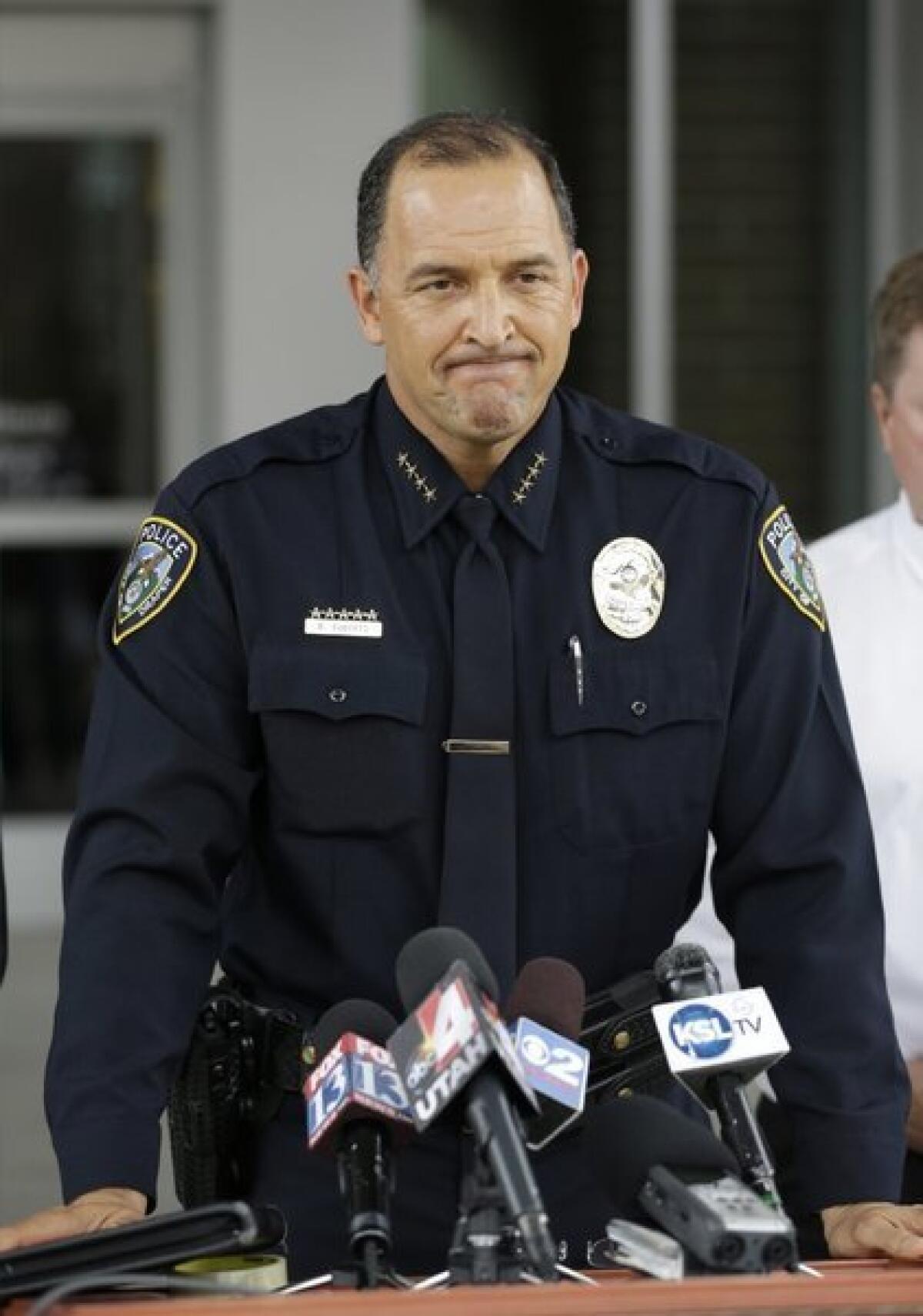 Police Chief Bryan Roberts speaks at a news conference, in Draper, Utah, about the fatal shooting Sunday of the city's police officers.