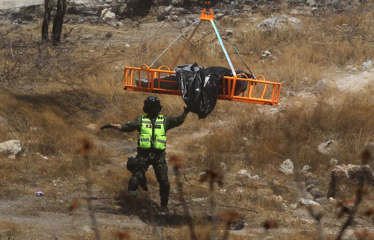 Forensic experts work with several bags of human remains extracted from the bottom of a ravine 