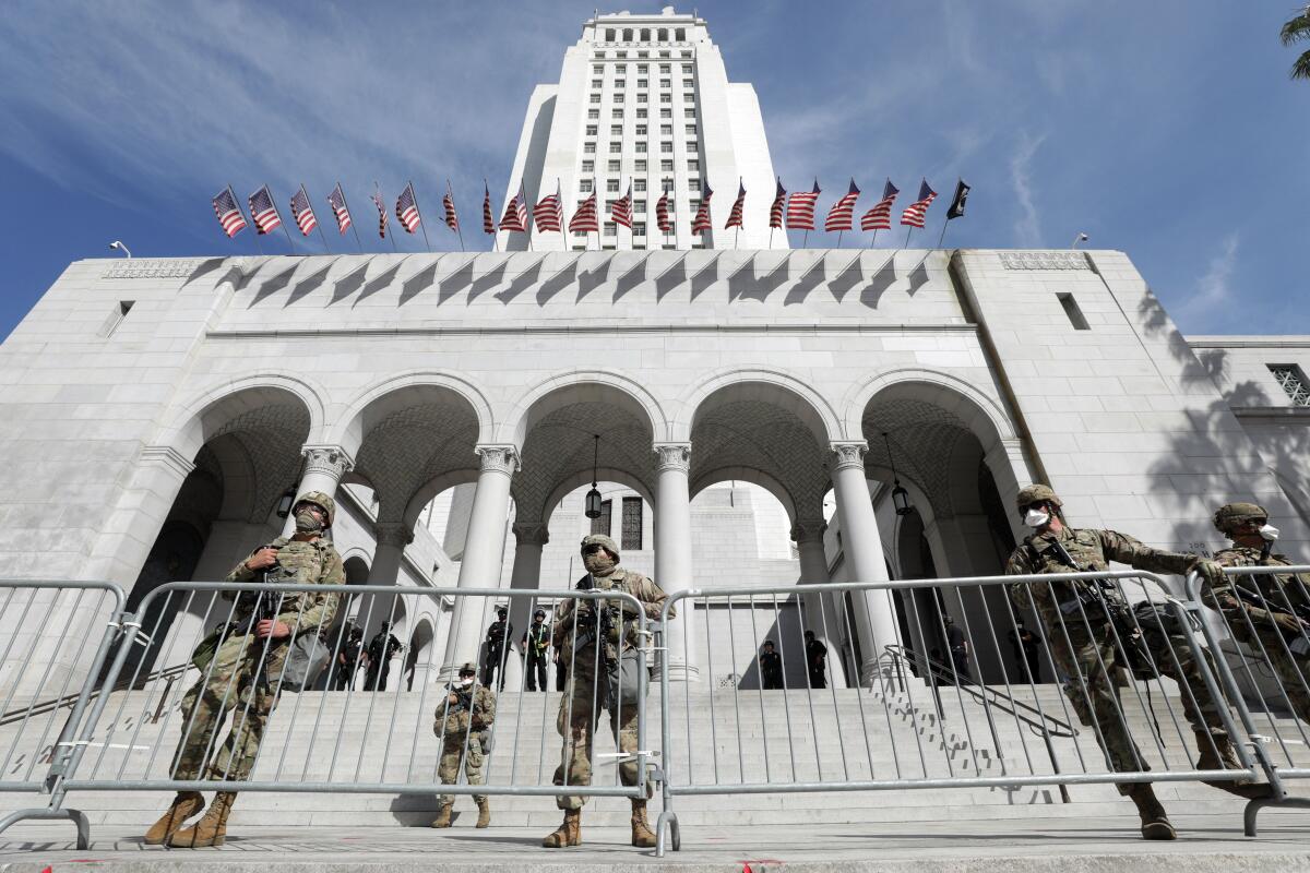 California National Guard troops at City Hall in downtown Los Angeles on Sunday.