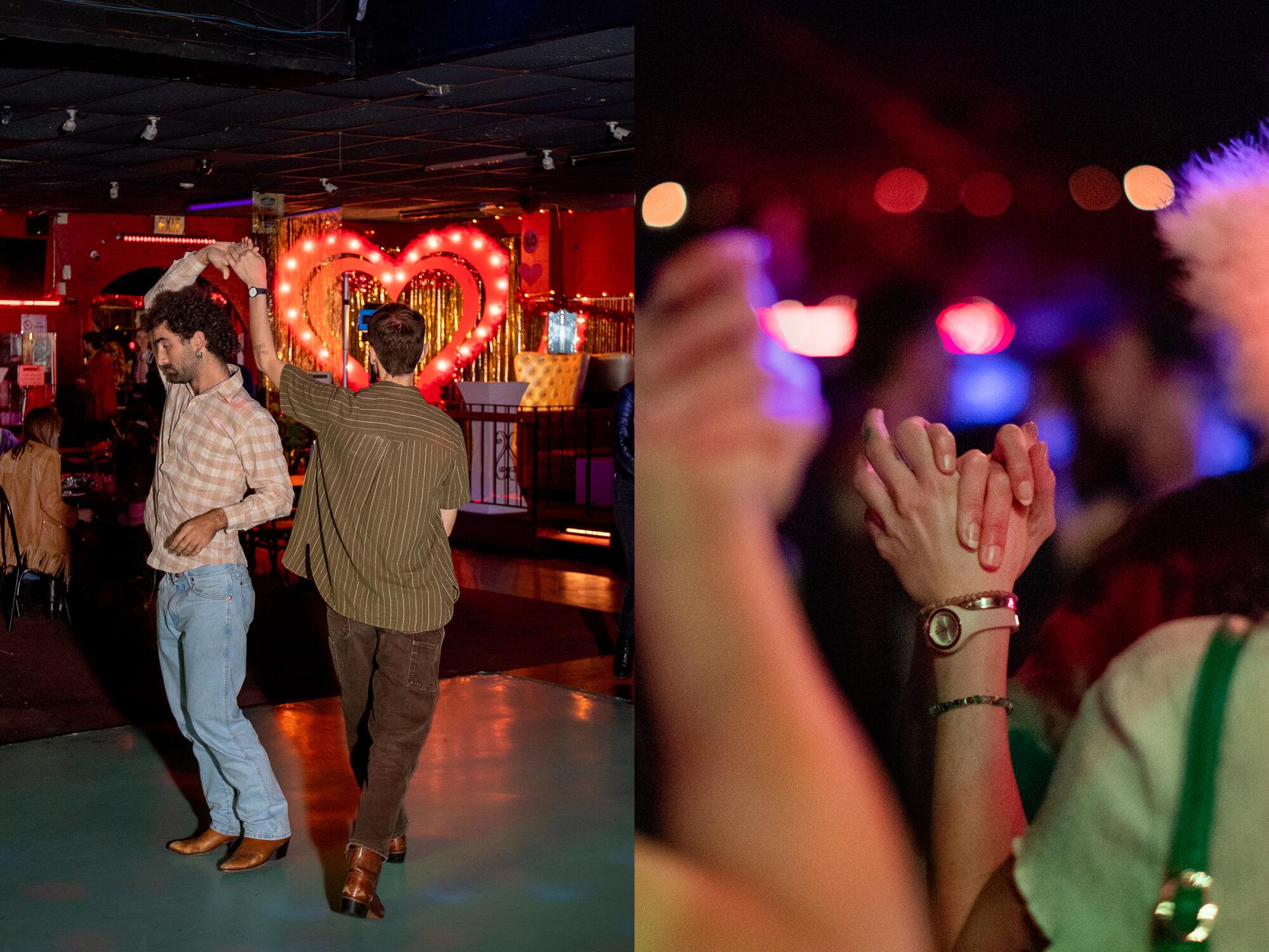 Two photos side by side, one showing two people dancing and the other a close up of two people holding hands.