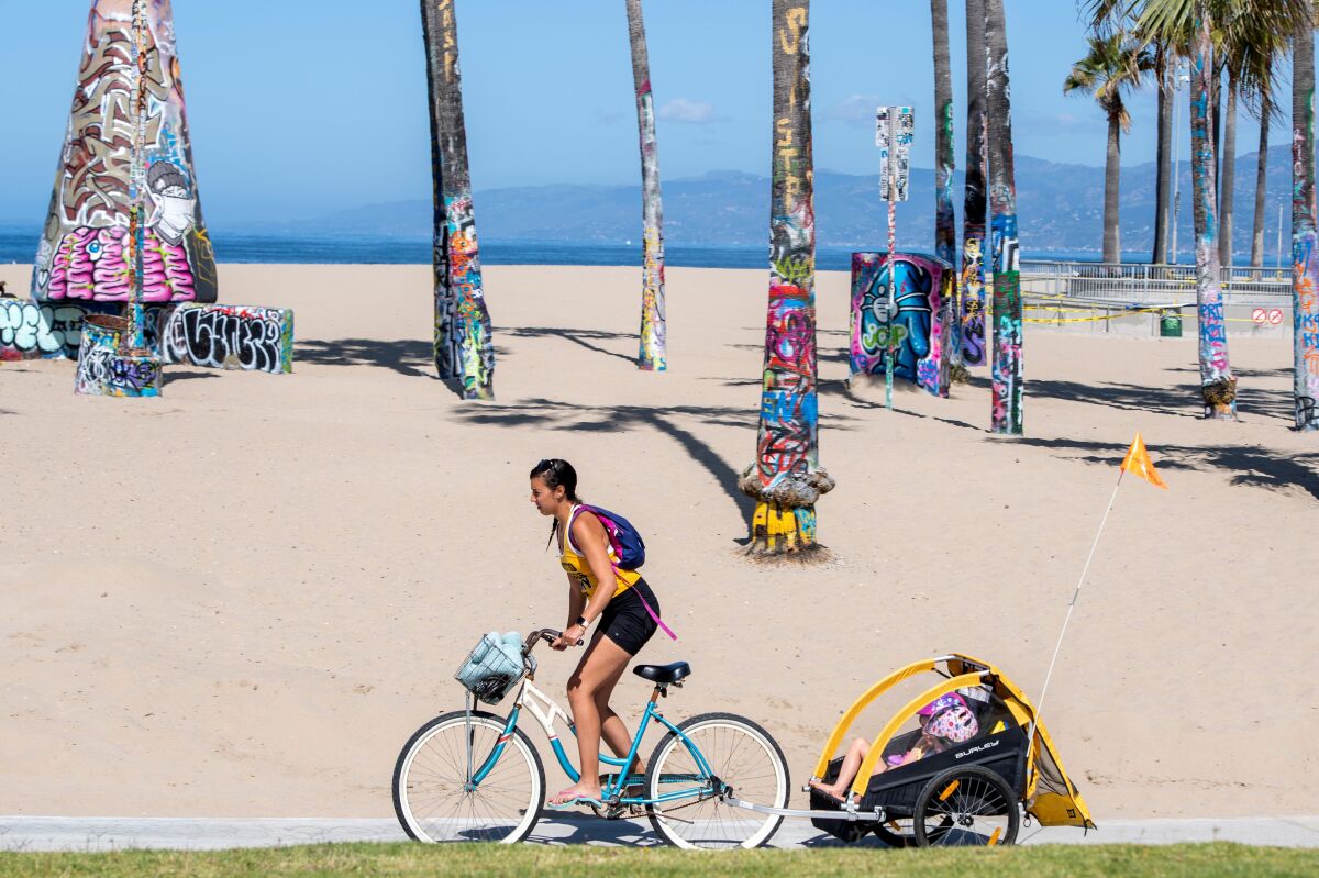 A person bikes with a children's bike trailer behind them along a beach path. 