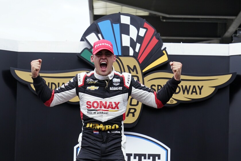 Rinus VeeKay, of the Netherlands, celebrates after winning the IndyCar auto race at Indianapolis Motor Speedway, Saturday, May 15, 2021, in Indianapolis. (AP Photo/Darron Cummings)