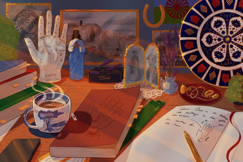 An illustration of a desk with a palmistry book, other textbooks, jewelry, and photos of Romani ancestors.