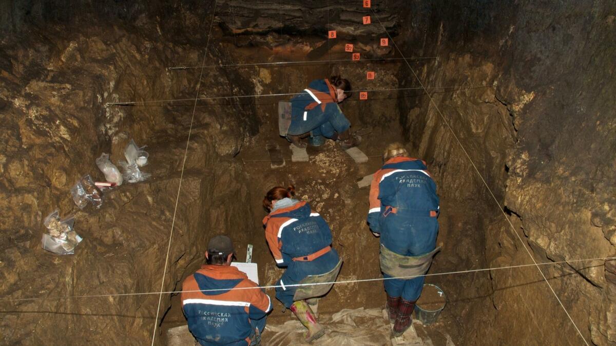 Workers excavate the East Chamber of Denisova Cave in Siberia, Russia.