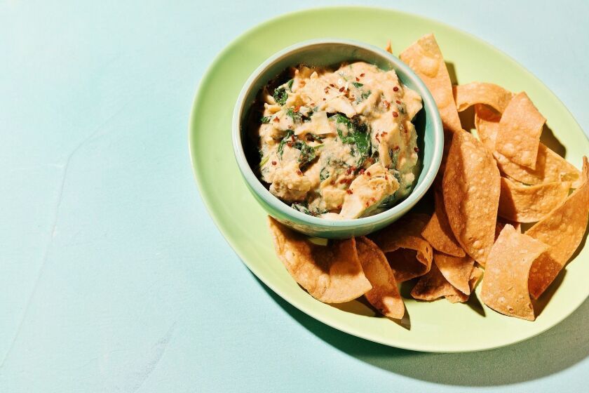LOS ANGELES - THURSDAY, APRIL 25, 2019: Vegan Spinach Artichoke Dip cooked/styled by Genevieve Ko and propped by Nidia Cueva at Proplink Tabletop Studio in downtown Los Angeles on Thursday, April 25, 2019. (Dylan + Jeni / For the Times)
