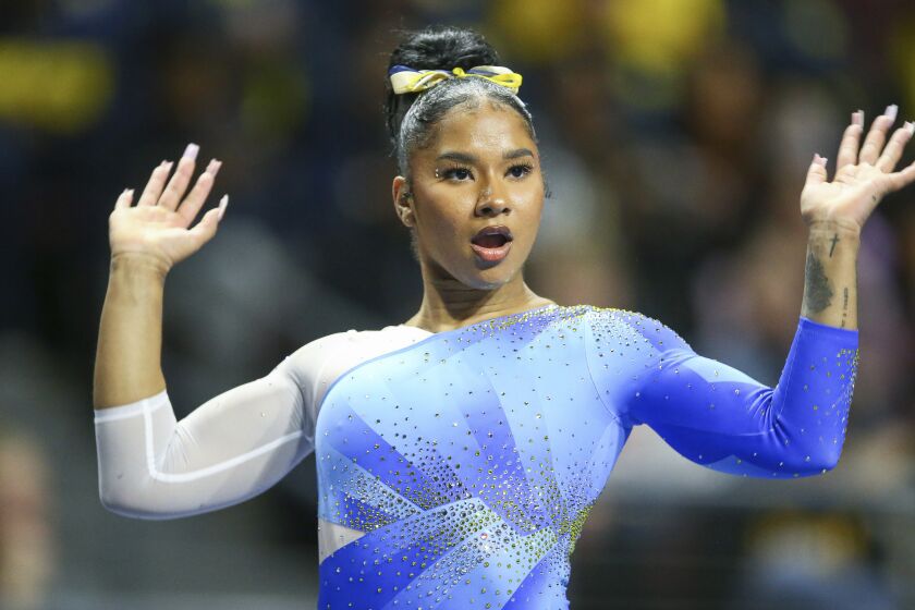 UCLA gymnast Jordan Chiles competes on the floor exercise during a meet Jan. 7, 2023, in Las Vegas.