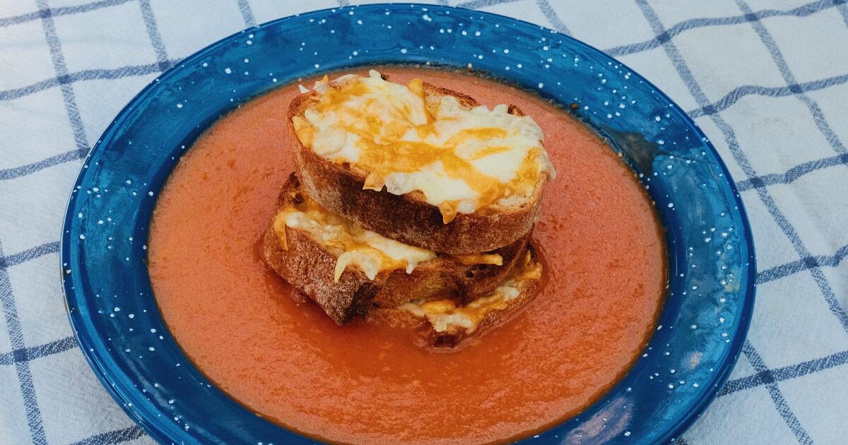 Grilled and Burnt Roasted Tomato Soup with Grilled Cheese Crostini Recipe
