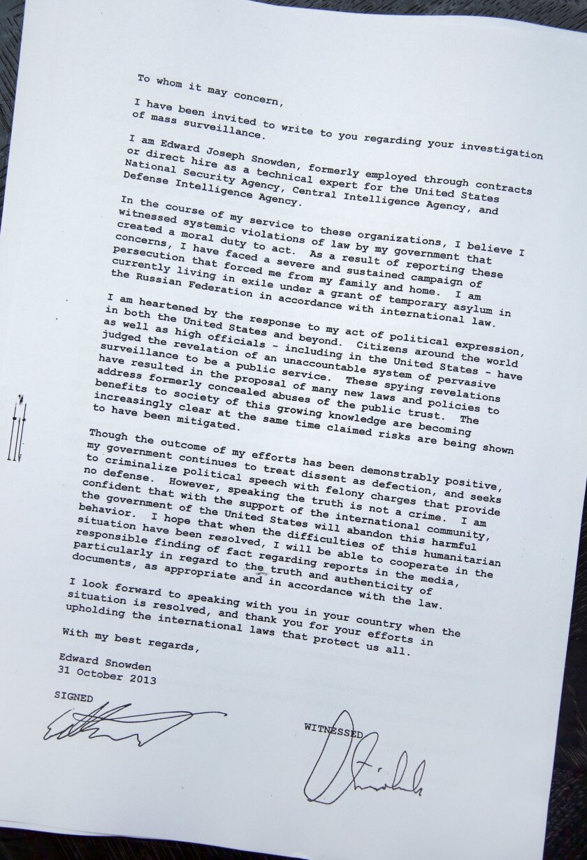 Text Of Snowden Letter Released By German Lawmaker The San Diego Union Tribune
