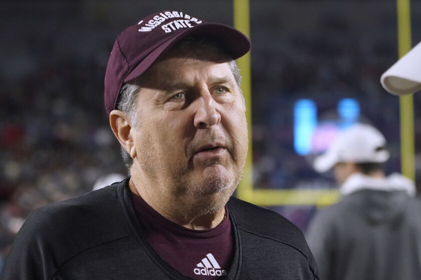 Mississippi State coach Mike Leach before an NCAA college football game in Oxford, Miss., Thursday, Nov. 24, 2022.