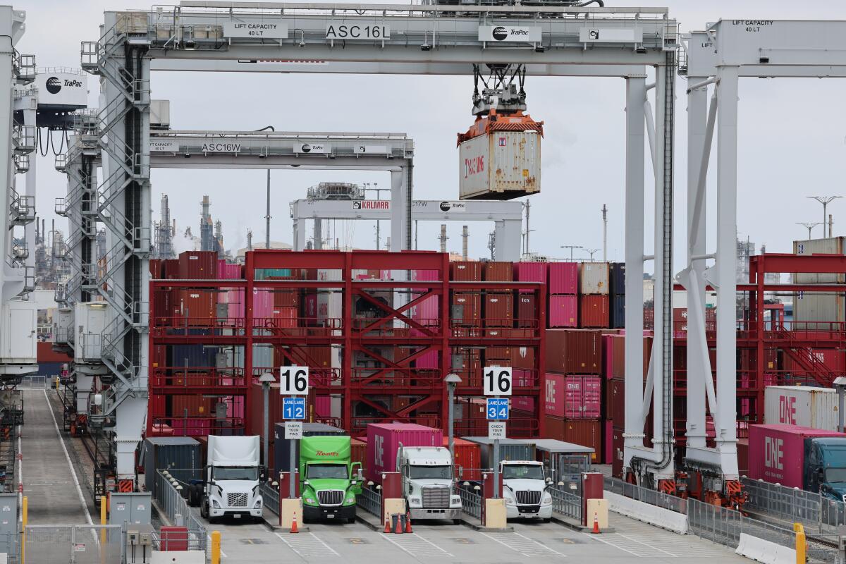 A container is moved to the truck bay at the Port of Los Angeles.