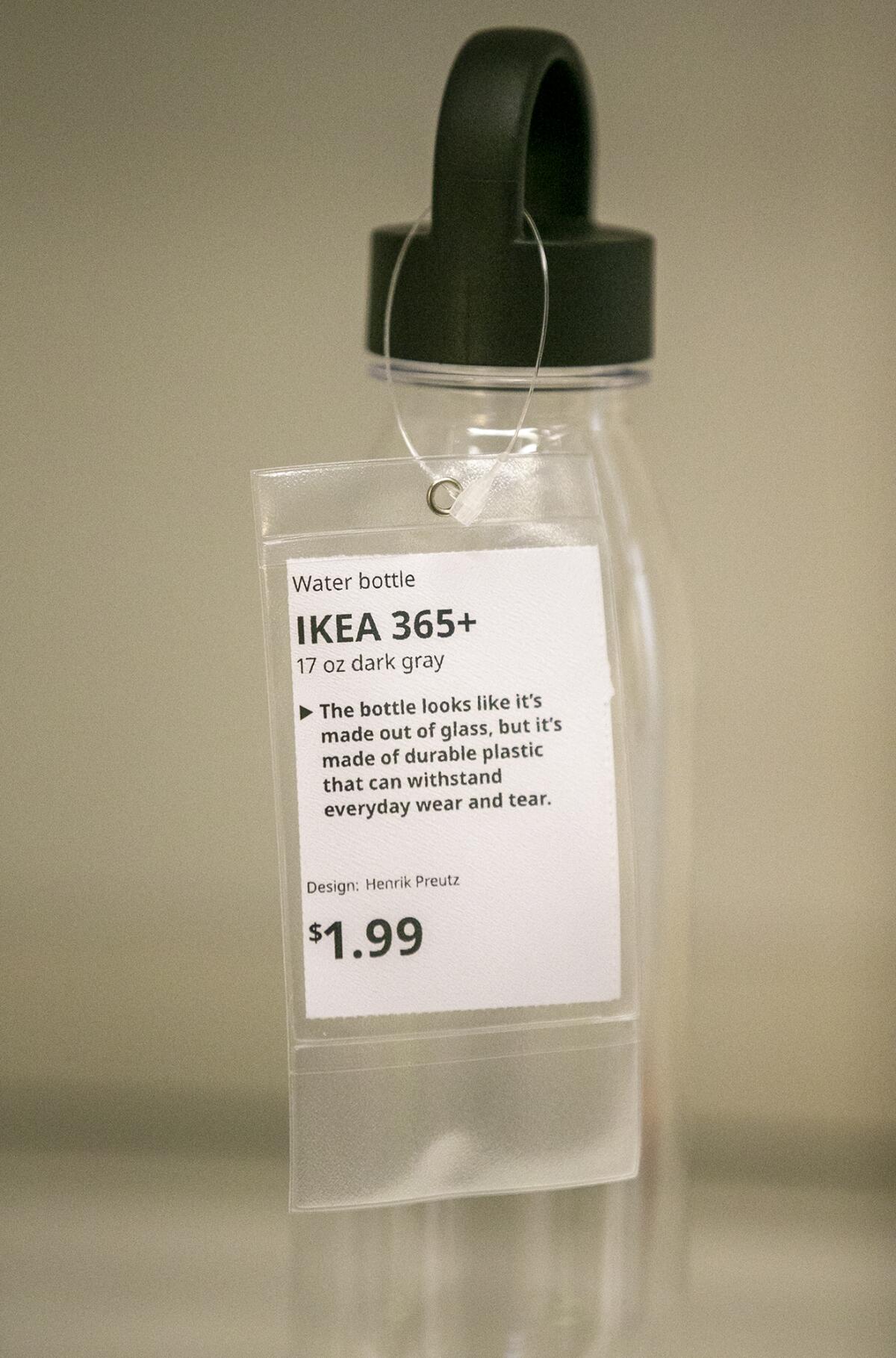 A reusable plastic water bottle is one of the items in the IKEA's Sustainable Living Shop. 