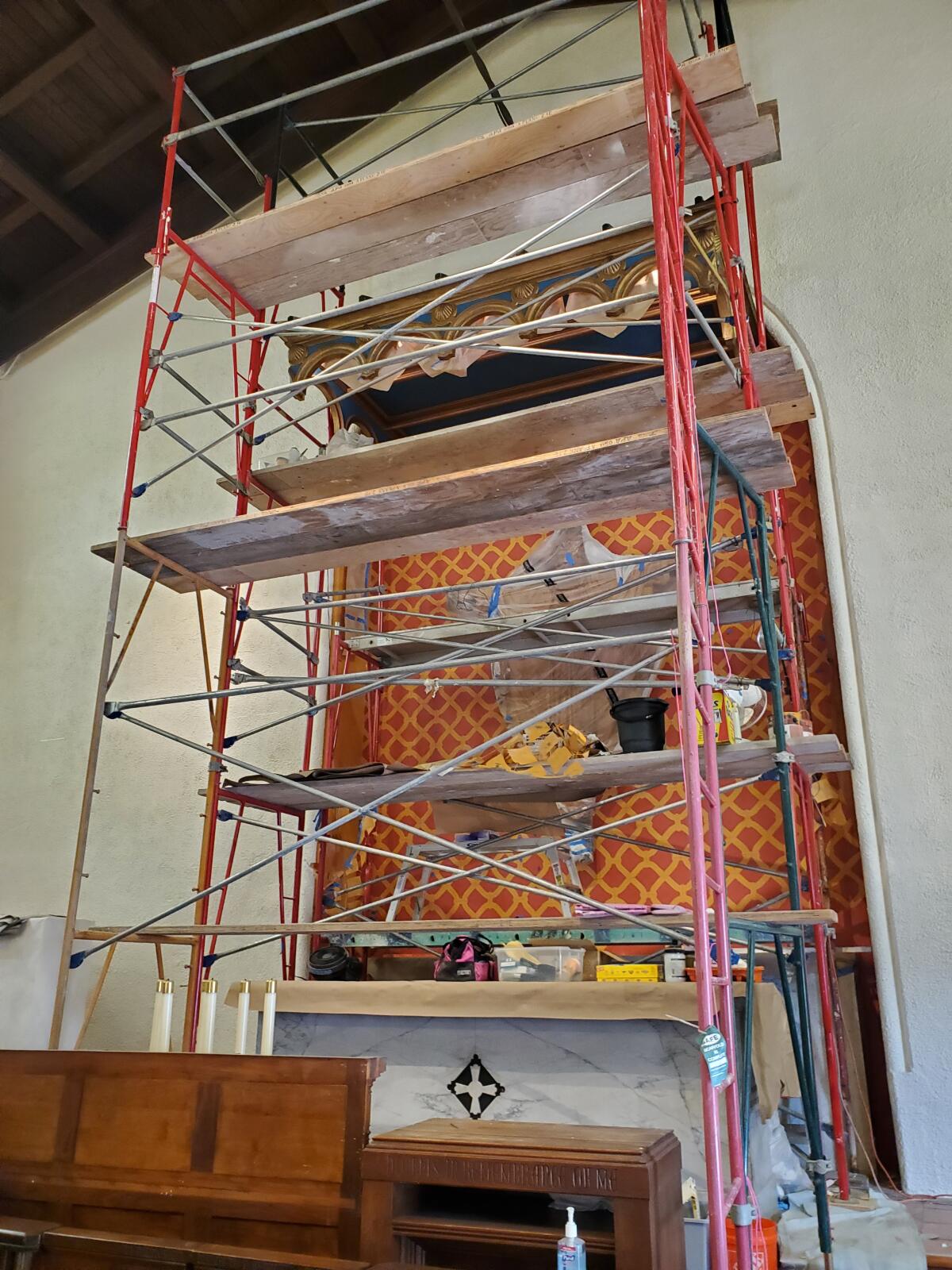 Scaffolding in St. James by-the-Sea Episcopal Church holds the place of the church's new organ.