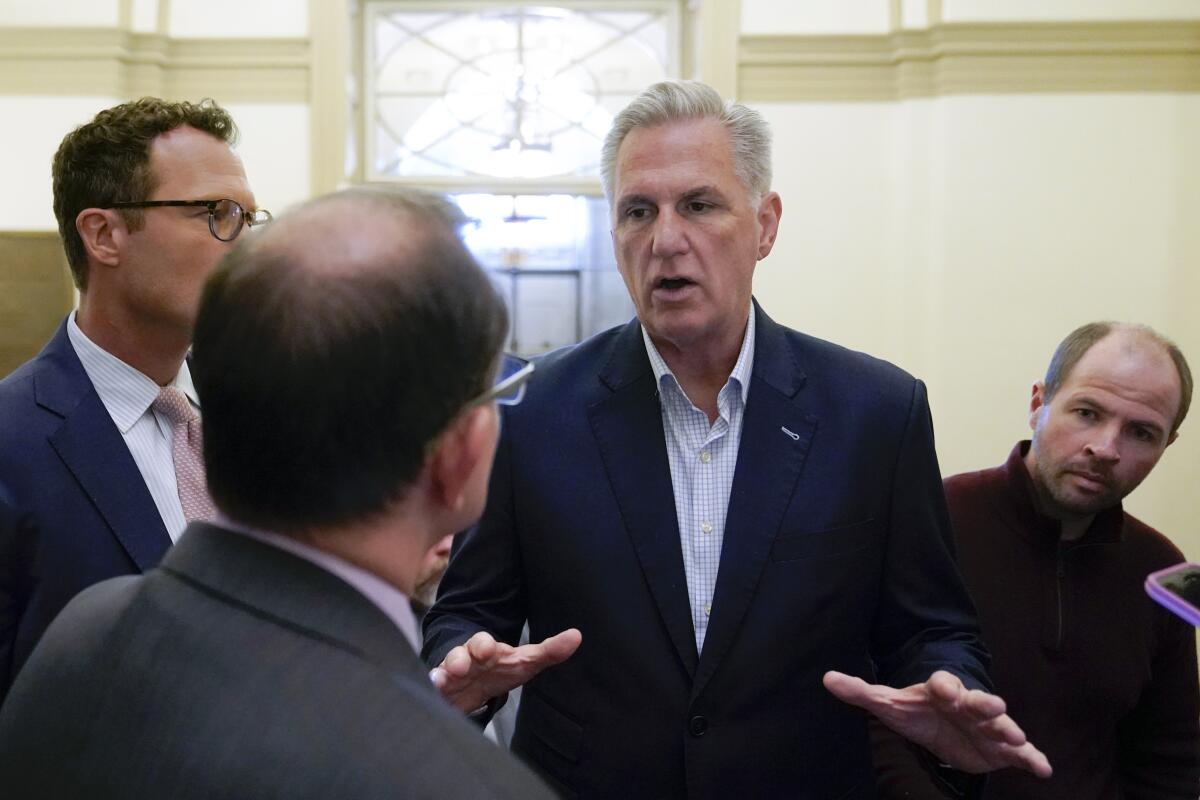 House Speaker Kevin McCarthy (R-Bakersfield) speaks with reporters about debt-limit negotiations in Washington on May 27. 