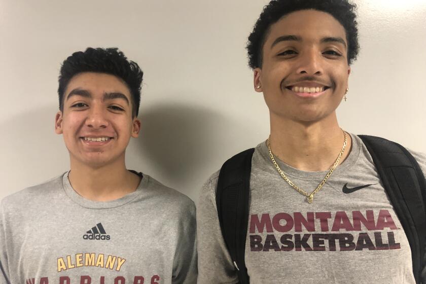 The Alemany guard duo of Nico Ponce (left) and Brandon Whitney scored 21 and 26 points, respectively, in a 69-61 win over Loyola on Wednesday night.